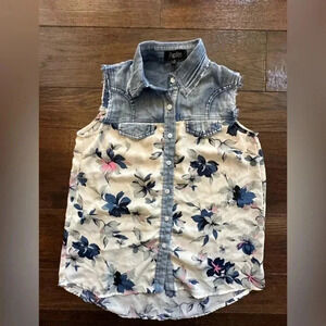 Papillon Distressed Denim Chiffon Blouse Top Boho-Size XS